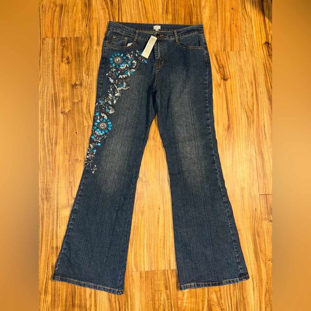 Vintage Y2K Cache Jeans Women’s Size 8 Distressed Bootcut Embroidered Turquoise